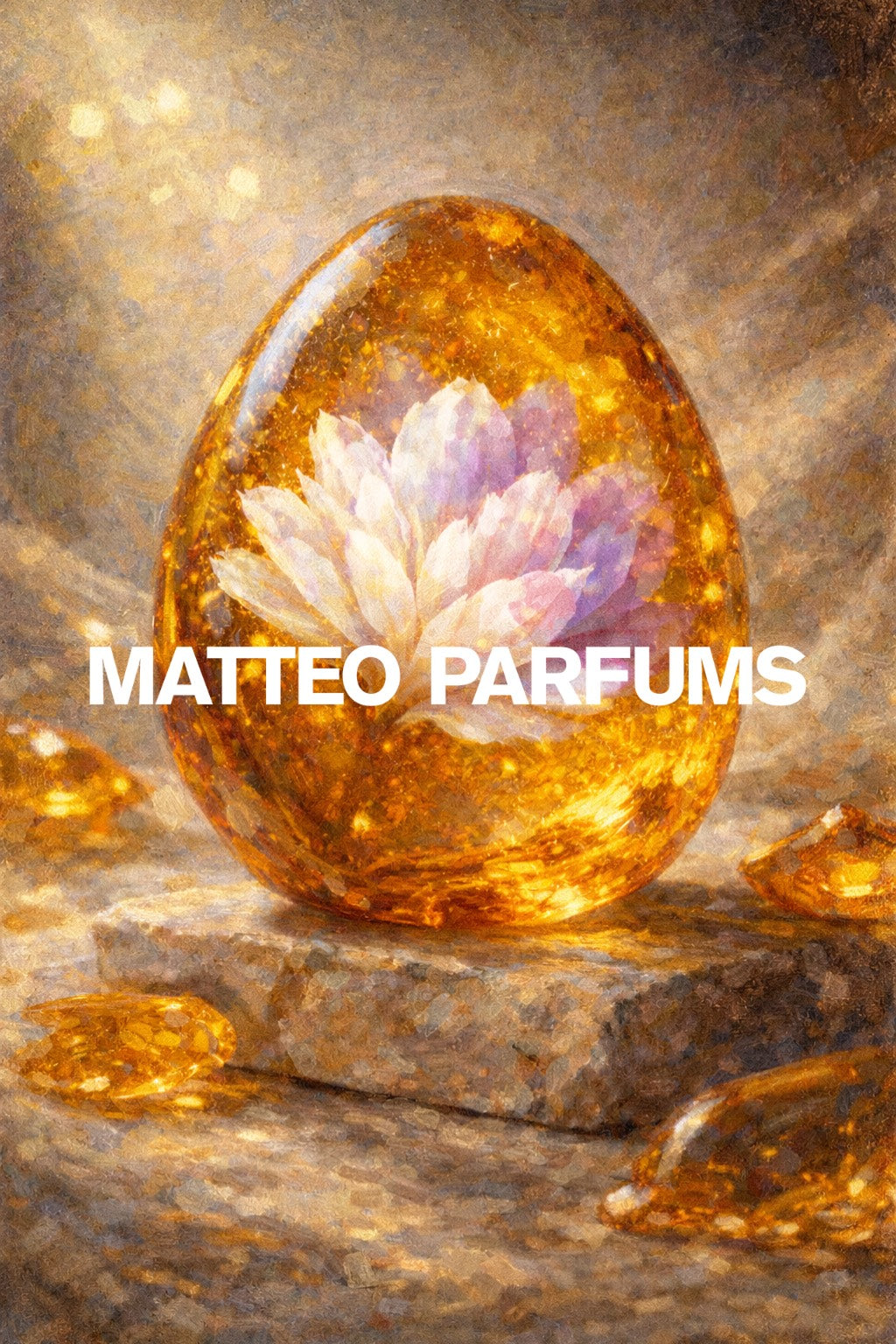 Golden amber egg with a white pink flower fossilized inside with 'MATTEO PARFUMS' branding