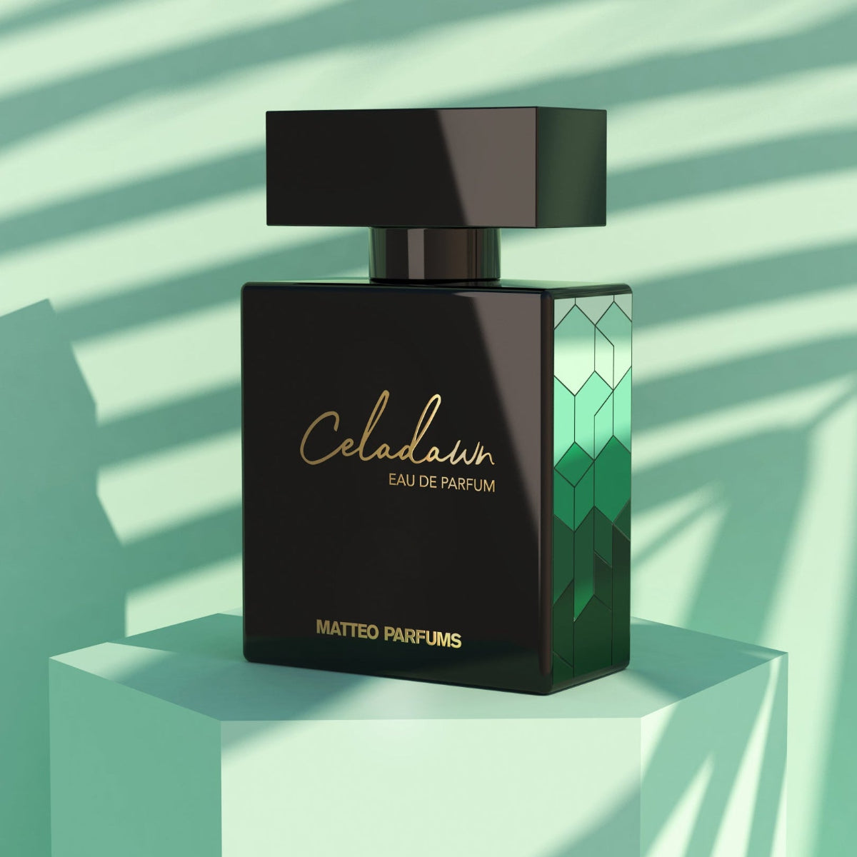 Fragrance bottle labeled 'Celadawn' by 'MATTEO PARFUMS' on a light green background and geometric stand.