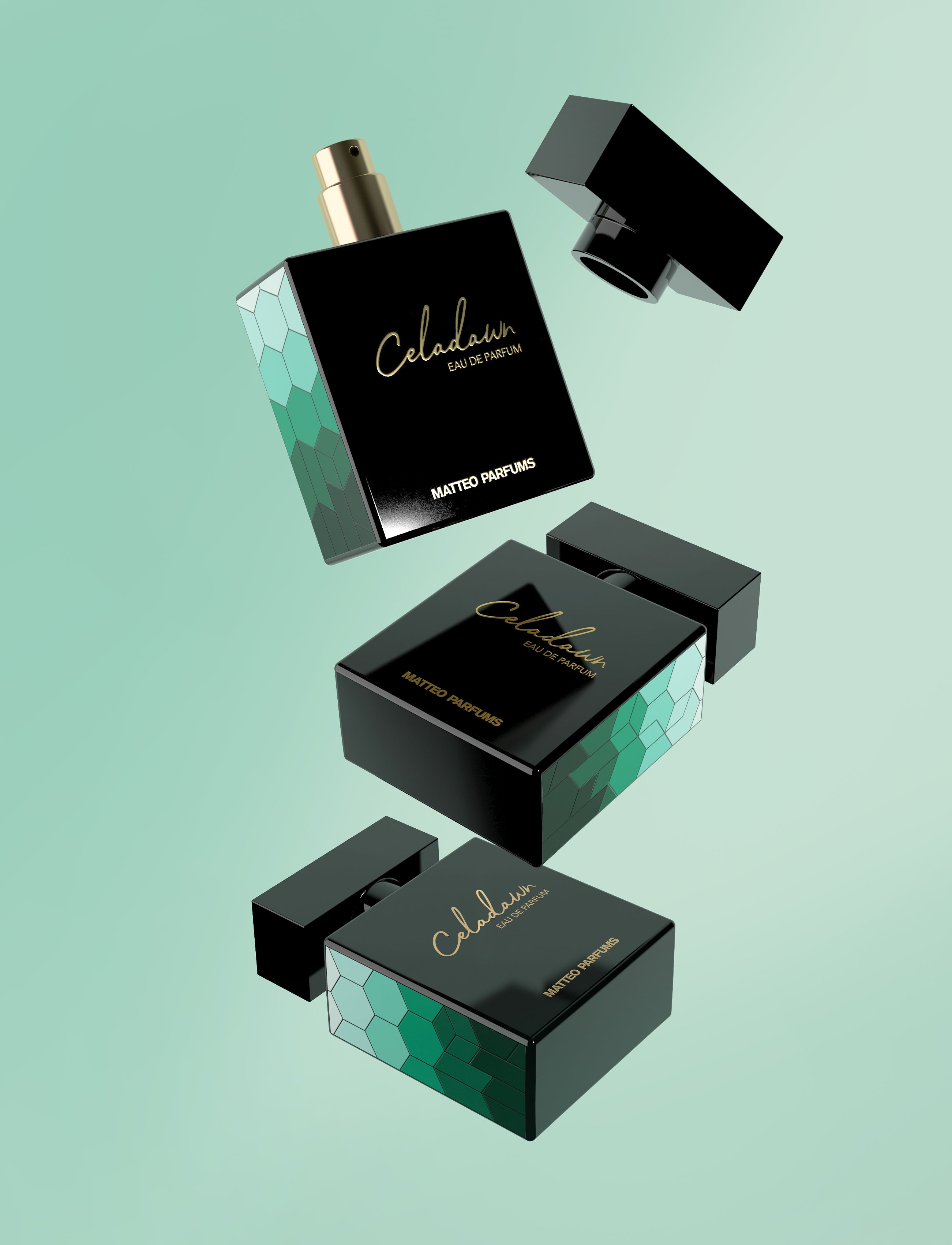 Black and green Celadawn perfume bottle and packaging from MATTEO PARFUMS on a light green background