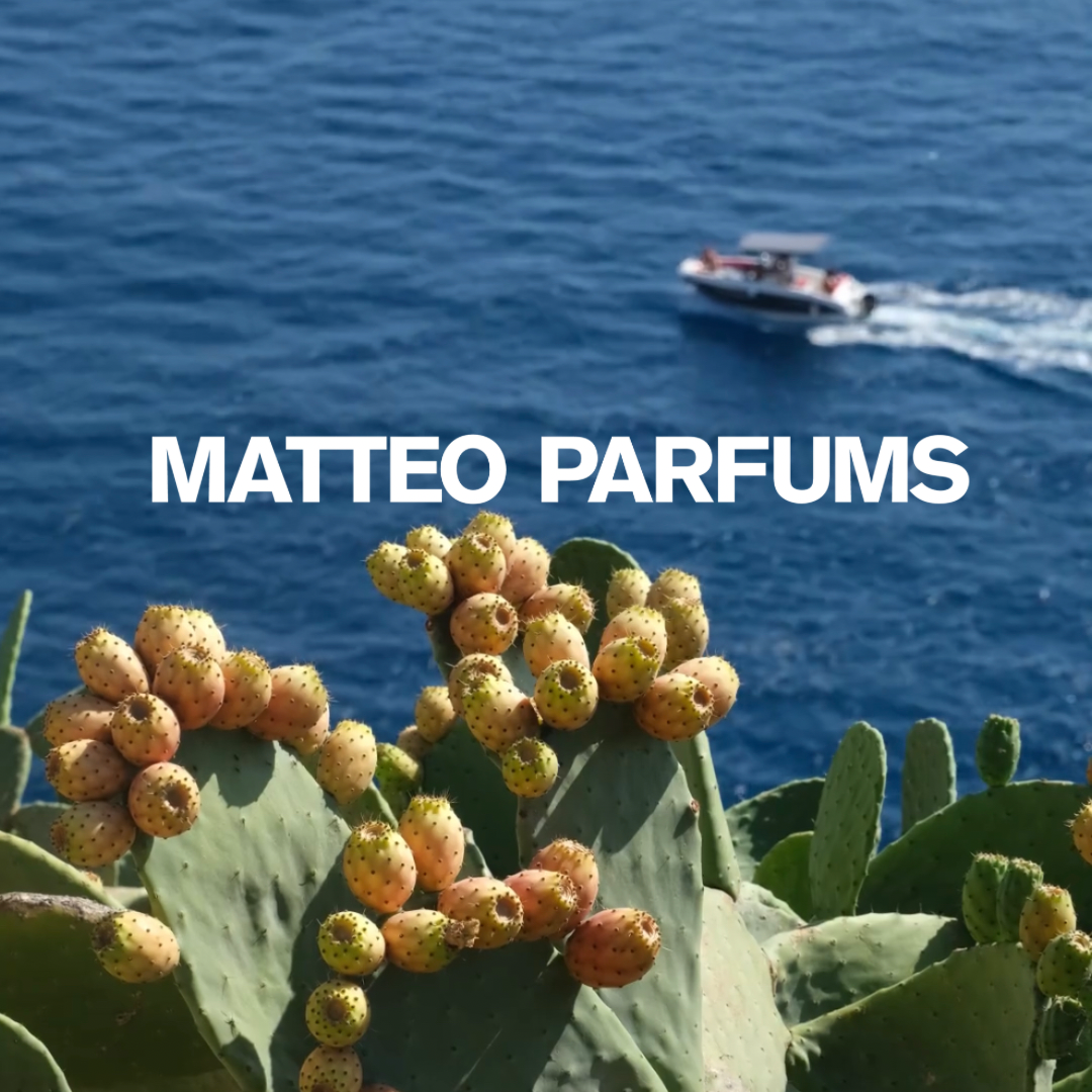 Boat on the water with cacti and cactus prickly pears in the foreground, featuring the brand 'MATTEO PARFUMS'.