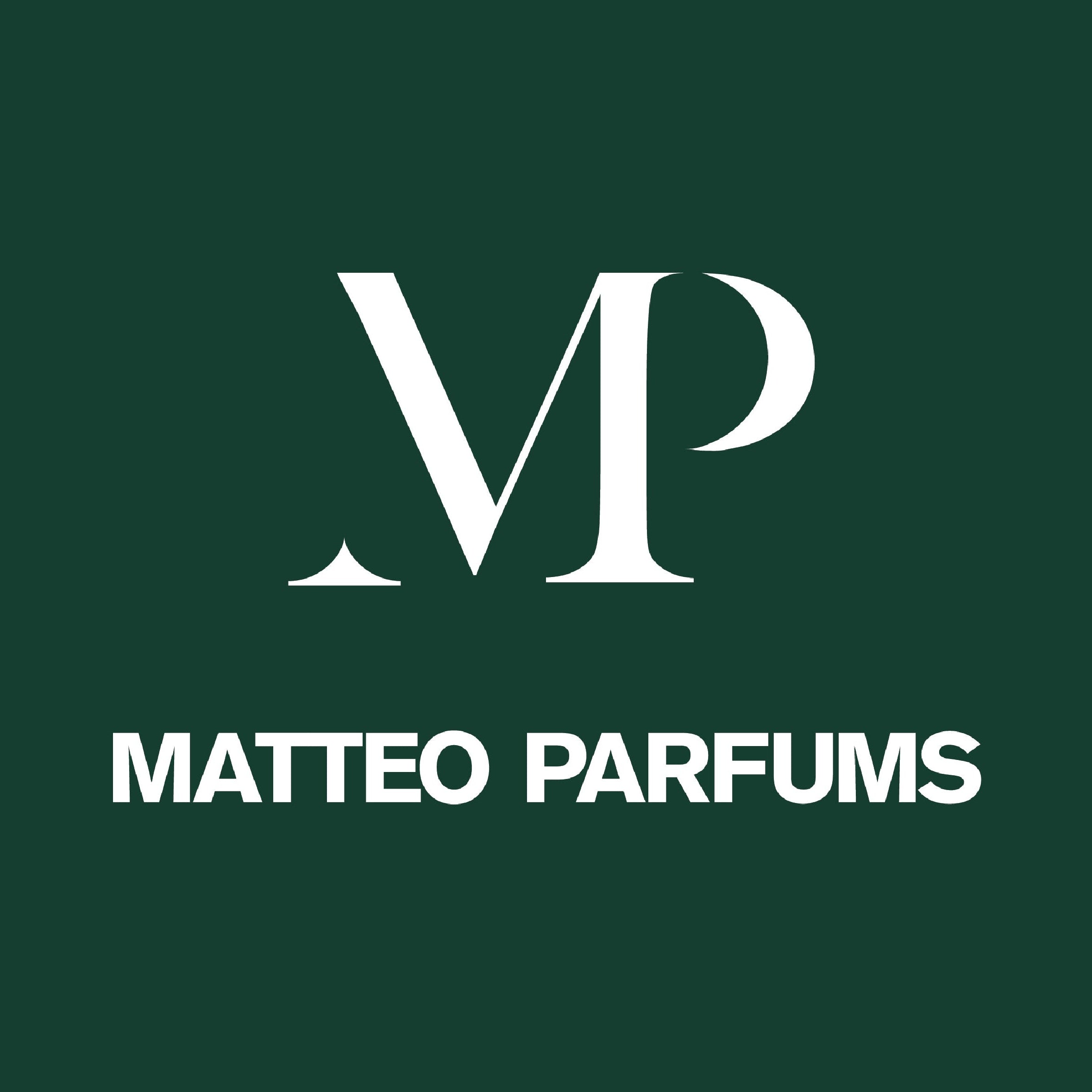 'MATTEO PARFUMS' logo and work mark in white on emerald background