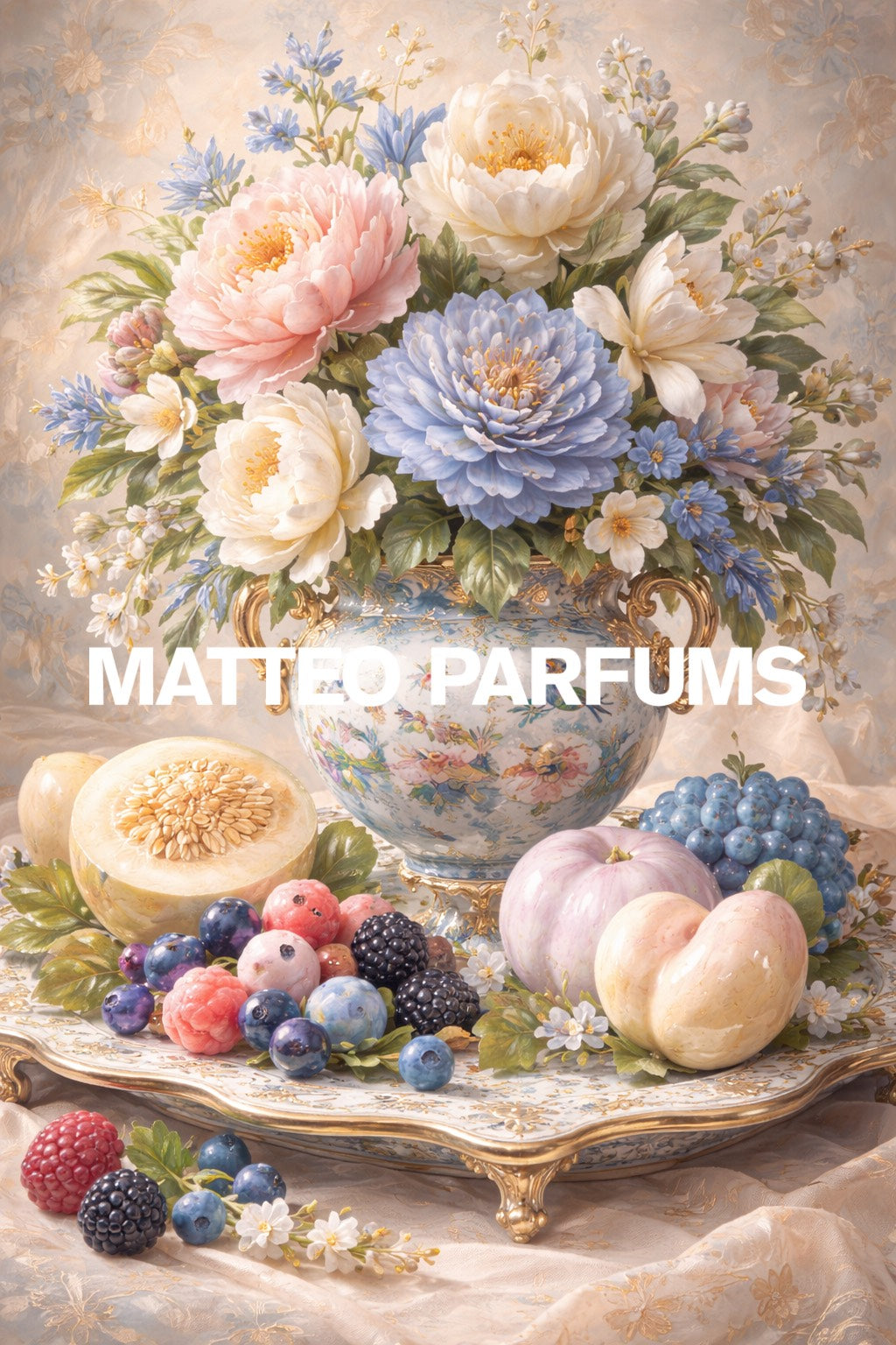 Decorative Chinoiserie still life with flowers, fruits, and a porcelain vase on a textured linen tablecloth.