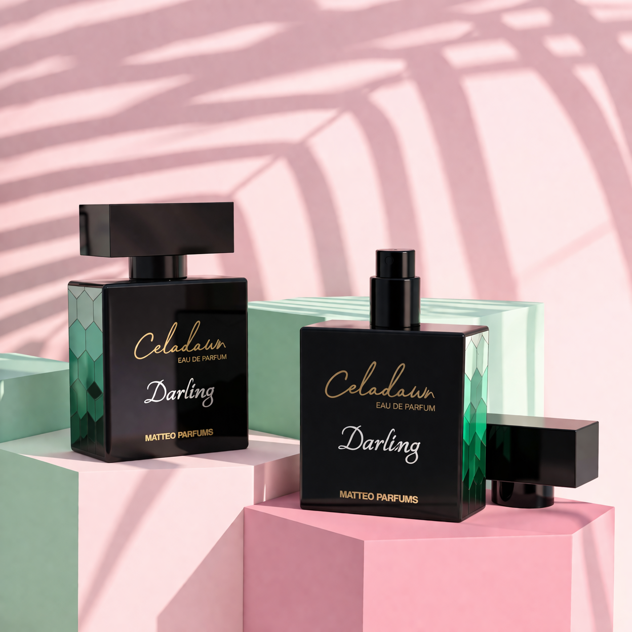 Two MATTEO PARFUMS perfume bottles of Celadawn Darling on a pink and green geometric background.