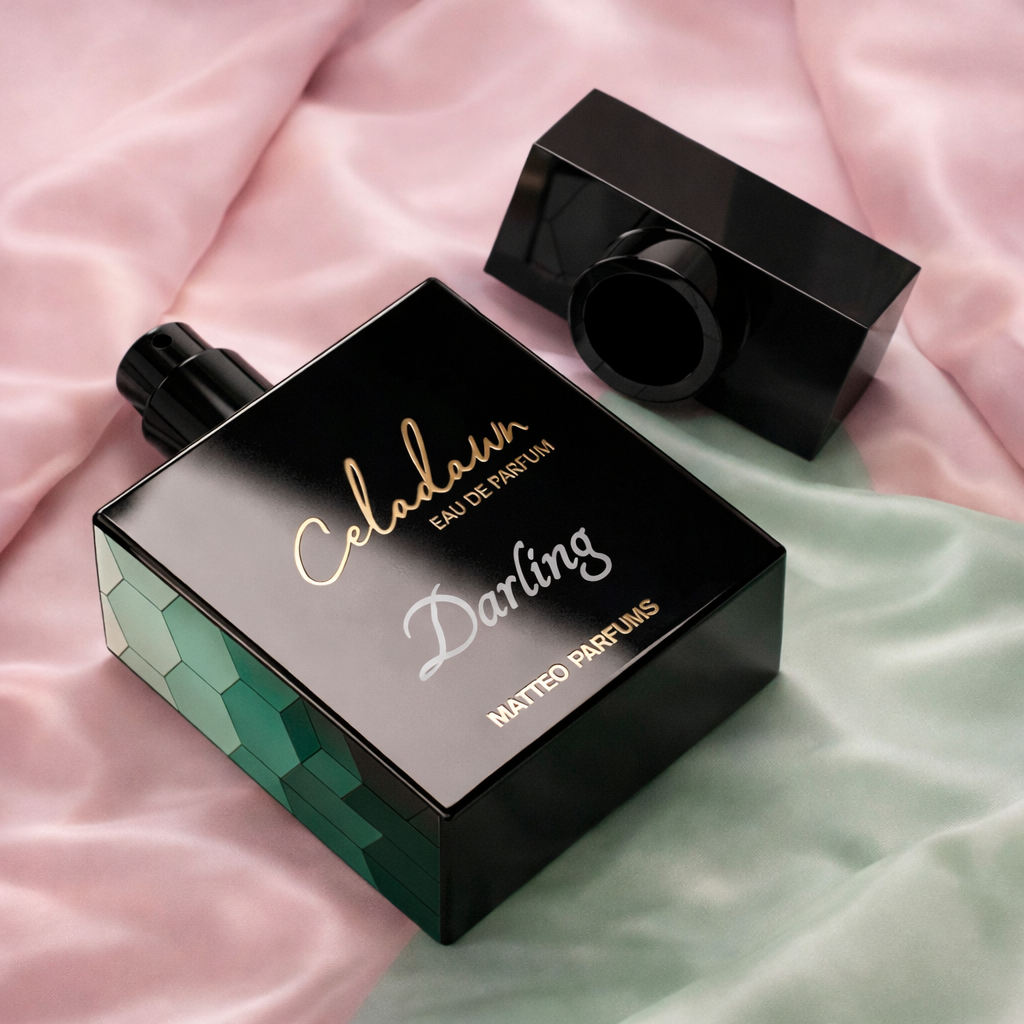 Black perfume bottle labeled 'Celadawn Darling' by Matteo Parfums on a background of soft pink and green fabric.
