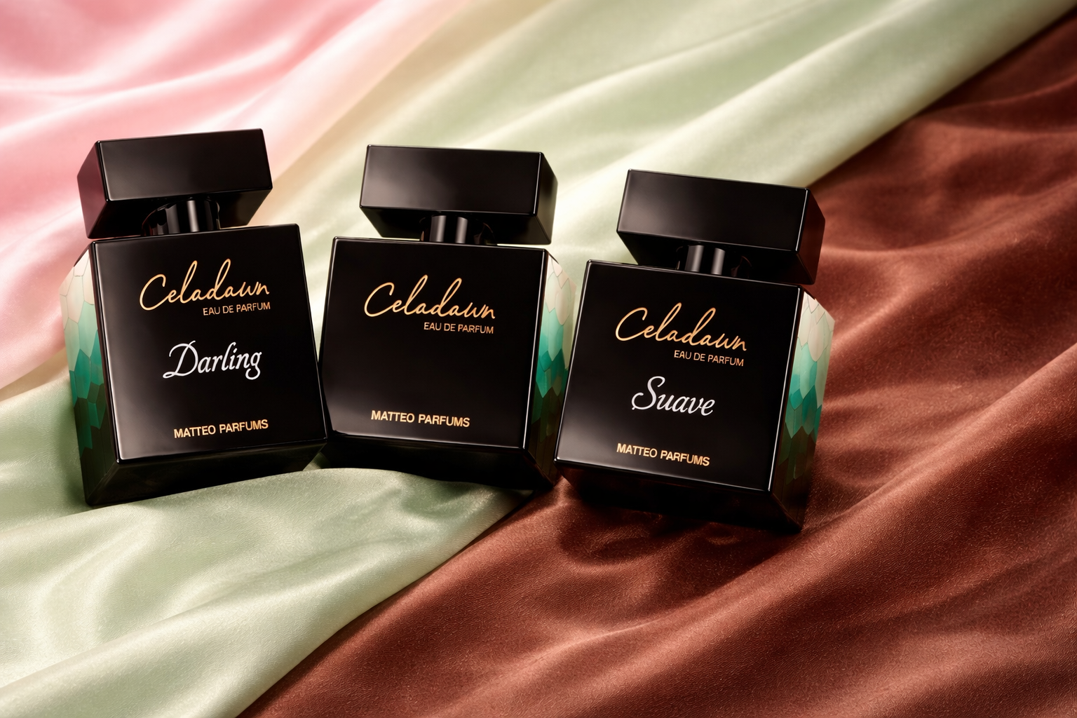 Three black MATTEO PARFUMS perfume bottles labeled 'Celadawn Darling', 'Celadawn', and 'Celadawn Suave' on a textured fabric background in pink, green, and brown.
