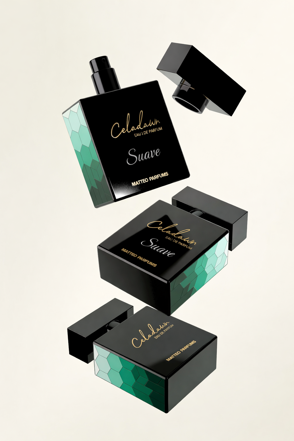 Celadawn Suave perfume bottles floating on a beige background