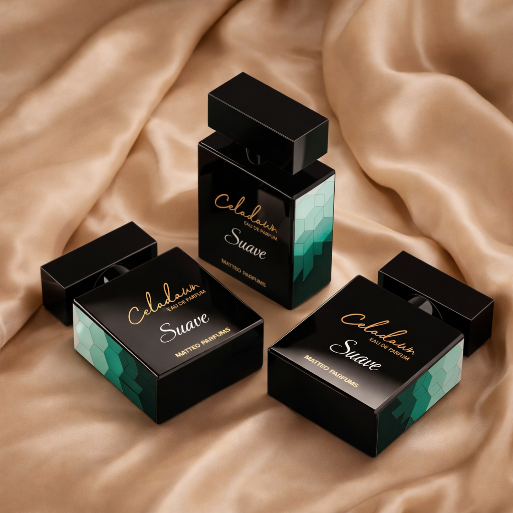 Three MATTEO PARFUMS perfume bottles of Celadawn Suave on a beige and tan silk fabric background.