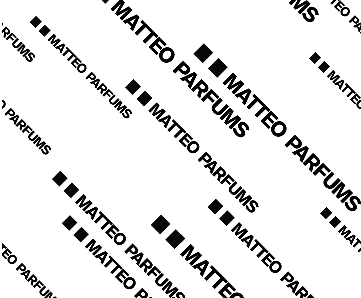 Repeating pattern of 'Matteo Parfums' branding on a white background