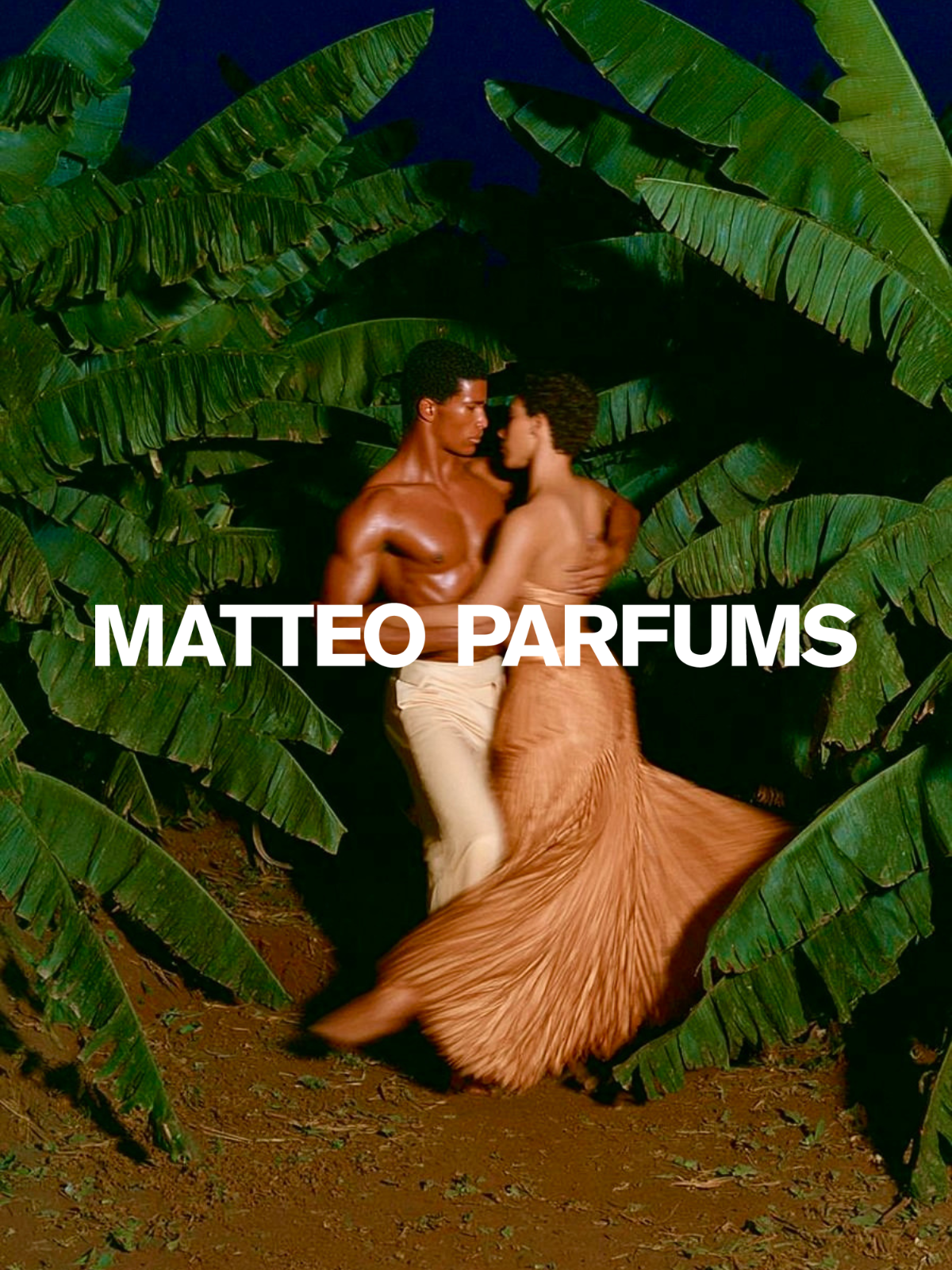 Two people, man and woman, embracing at night under banana leaves with "MATTEO PARFUMS" text overlay.
